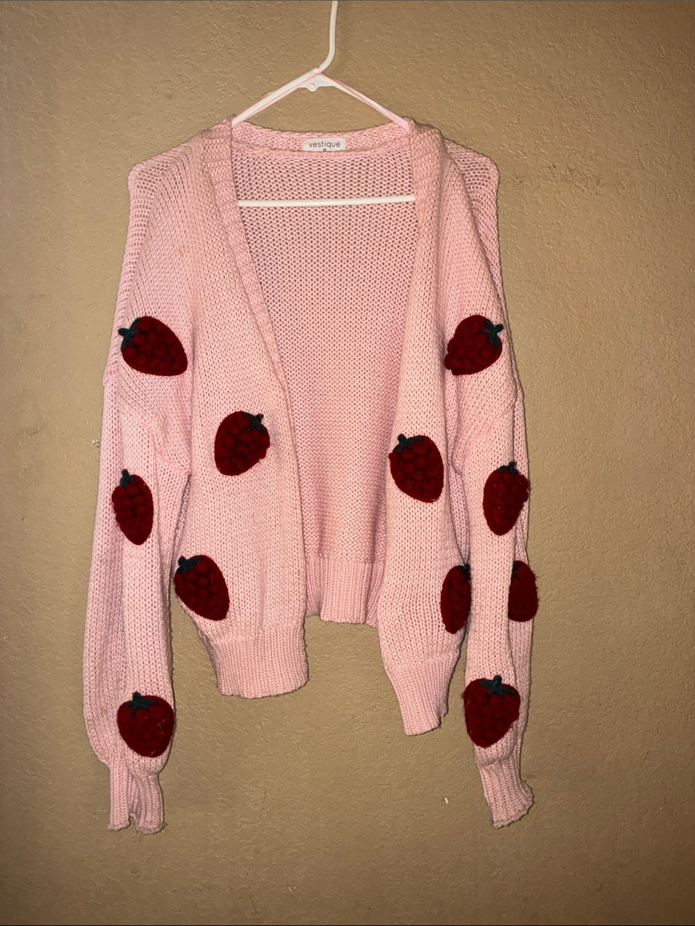 vestique Pink Knit Cardigan with Red Strawberry Appliqués